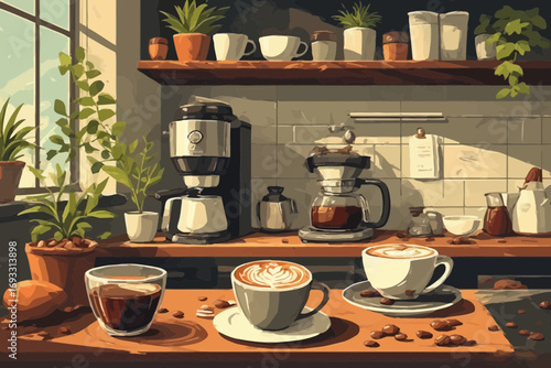 Coffee cups and coffee makers on a counter with plants.