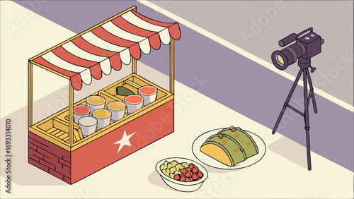 Isometric Illustration of Food Stand with Camera Setup for Video or Photography Production.