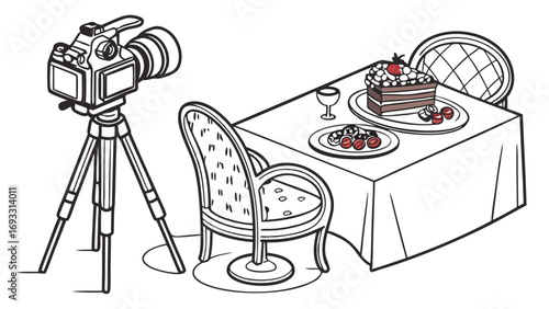 Isometric Illustration of DSLR Camera on Tripod Photographing Food on Table with Chairs.