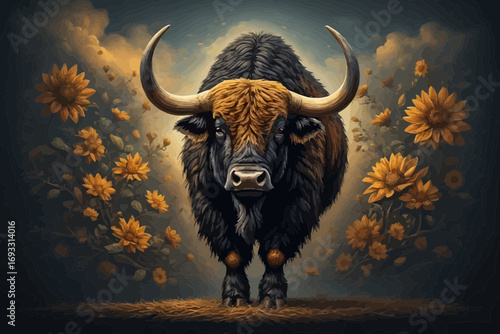 Majestic bull with large horns surrounded by sunflowers in a dreamy setting.