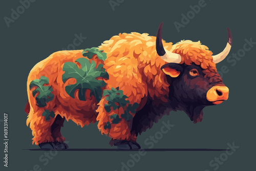 Cartoon illustration of a large, fluffy, orange and brown yak with green leaves on its back.