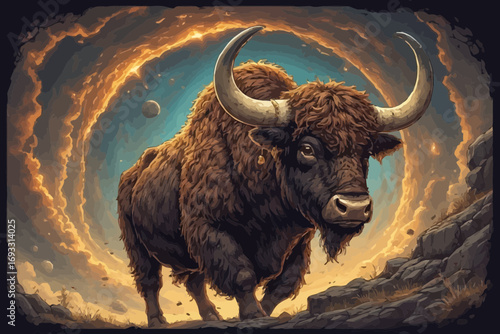 Majestic bison with large horns against a swirling, celestial background.