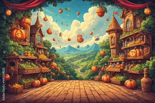 Whimsical autumn market scene with pumpkins and fairytale architecture.