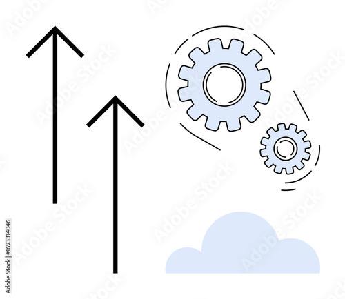 Two upward arrows indicate growth, gears symbolize process optimization, and cloud suggests innovation. Ideal for success, progress, teamwork, strategy, technology business creativity. Minimalistic