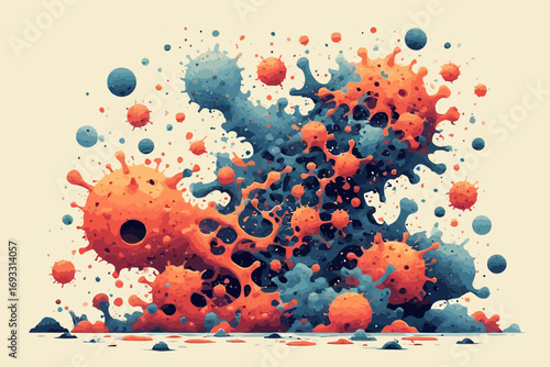 Abstract illustration of viruses in blue and orange on a cream background.