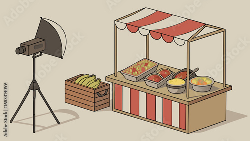 Isometric Illustration of Food Stand with Photography Lighting Setup.