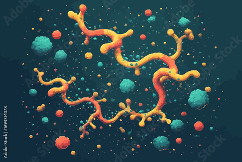 Abstract illustration of a microscopic world with colorful shapes and particles.