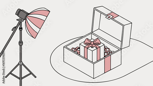 Isometric Illustration of Gift Box with Studio Lighting Setup.