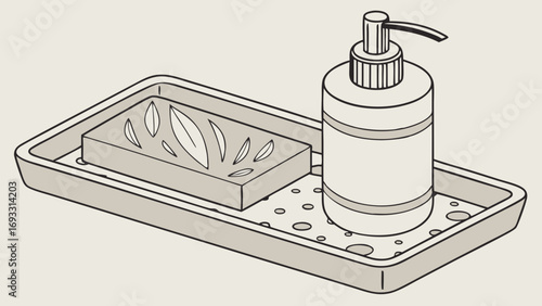 Isometric Illustration of Soap Dish with Bar Soap and Pump Bottle Dispenser for Bathroom or Kitchen.