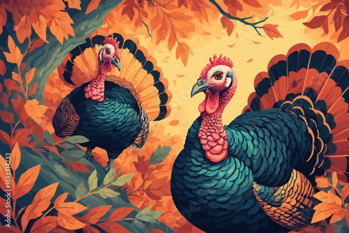 Two turkeys in a forest with autumn leaves, vibrant colors, and detailed textures.