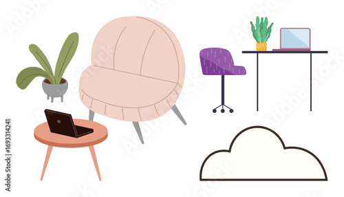 Modern workspace elements include a comfy chair, desk, laptop, potted plants, and a cloud outline. Ideal for remote work, productivity, design, creativity minimalism innovation simple flat