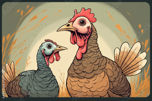 Illustration of a male and female turkey standing in a field.