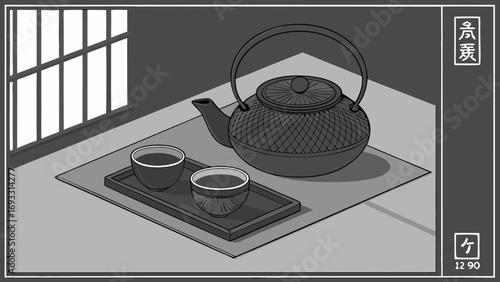 Isometric illustration of tea set with teapot and cups on a tray near a window.