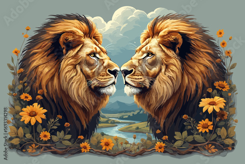Two lions face each other in a vibrant, floral landscape.