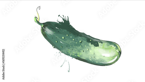 Watercolor painting of a fresh green cucumber with water droplets on a white background.