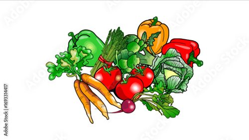 Illustration of a variety of fresh vegetables including tomatoes, carrots, peppers, and leafy greens.