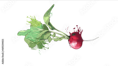 Watercolor illustration of a radish with green leaves and a red root, with paint splatters.