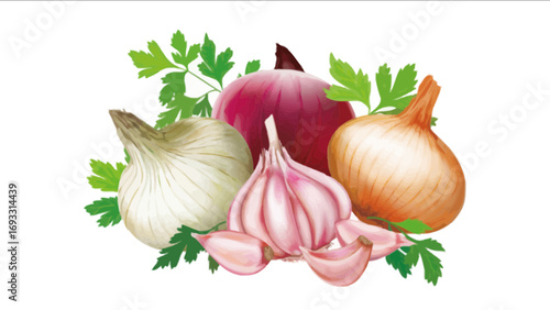 A colorful illustration of garlic, onions, and parsley on a white background.