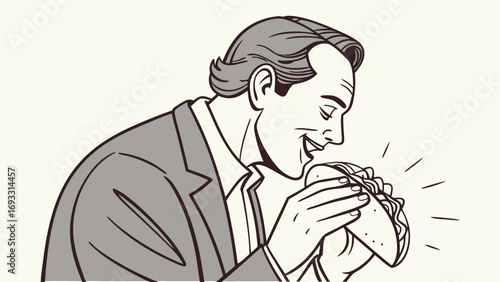 Man in Suit Enjoying a Delicious Sandwich Retro Style Illustration.
