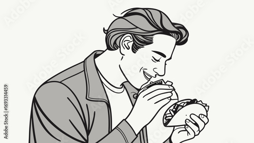 Man enjoying a delicious taco black and white illustration pop art style food illustration happy expression.
