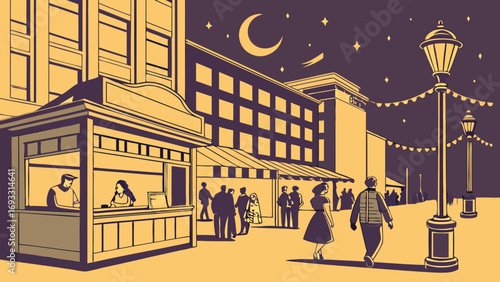 Night scene of a city street with people walking and shopping at stalls under a crescent moon.