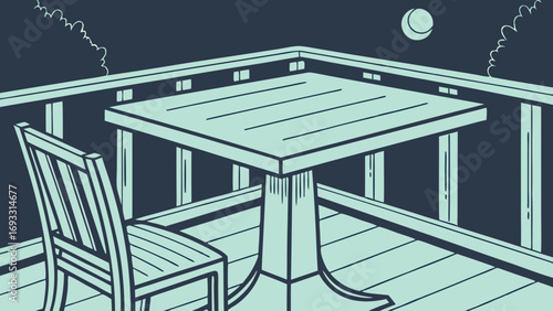 Nighttime Patio Scene Table and Chair on Deck with Moon.