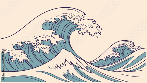 Ocean wave illustration stylized graphic design blue green teal wave abstract sea art water texture nature background calming waves seamless pattern print design vector illustration wal.