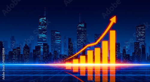 Professional Business Illustration of Glowing Bar Chart with Rising Orange Bars and Upward Arrow Over Night Cityscape Representing Growth