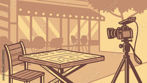 Outdoor Cafe Setting with Camera on Tripod for Photography or Videography.