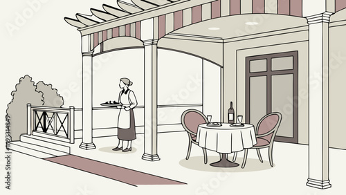 Outdoor patio scene with server and table setting illustration.