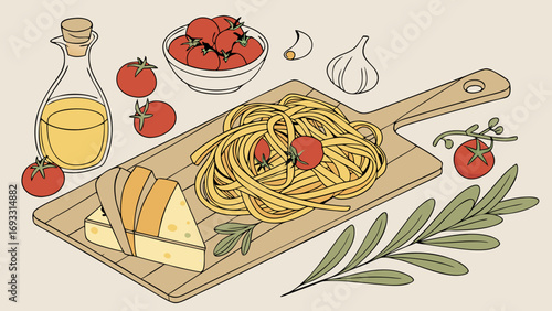 Pasta with cheese tomatoes and olive oil on a wooden board illustration.