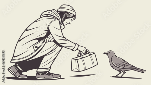 Person feeding a bird from a paper bag monochrome illustration vector art.