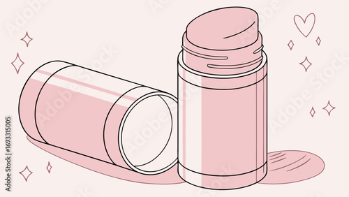 Pink cosmetic balm stick open container beauty product skincare illustration graphic design vector makeup pastel colors feminine elegant simple design cosmetic packaging product mock.