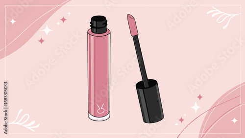 Pink Lip Gloss Tube and Applicator Makeup Cosmetic Product Beauty Illustration Flat Lay Design.