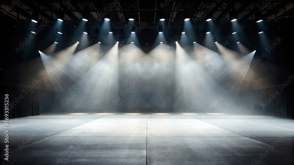 Fototapeta premium Empty stage of the theater lit by spotlights concept. Illuminated stage with dramatic lighting and hazy background.