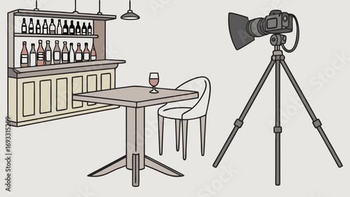 Restaurant Interior Scene with Camera Setup for Photography or Videography.