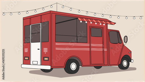 Red Food Truck with Awning and String Lights at Night Illustration Design Element Menu Branding.