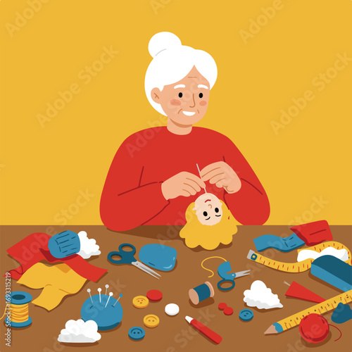 Granny sewing a doll