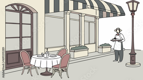 Restaurant scene waiter serving outdoor cafe table setting striped awning street lamp illustration vintage style elegant cafe classic design food service bistro dining waiter carryin.