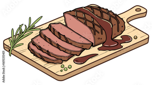 Roasted Meat Slices on Wooden Cutting Board with Sauce and Herbs Delicious Food Illustration High-Quality Graphic Design Culinary Art Menu Design Restaurant Illustration.