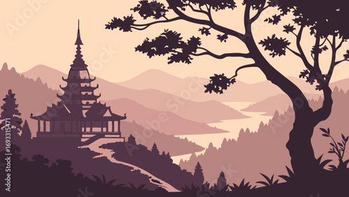 Serene Asian-Style Temple Landscape with River and Mountains Peaceful Nature Scene for Meditation Travel and Spirituality.