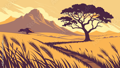 Serene landscape illustration golden fields majestic mountains single tree stylized nature sunset rural scene warm colors vector art graphic design element travel poster nature backgro.