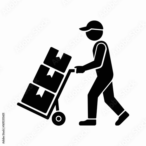 Delivery Worker Icon – Courier with Hand Truck and Boxes Silhouette Vector