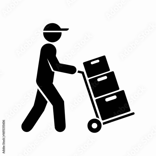 Delivery Worker Icon – Courier with Hand Truck and Boxes Silhouette Vector