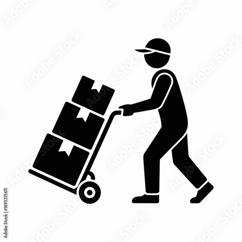 Delivery Worker Icon – Courier with Hand Truck and Boxes Silhouette Vector