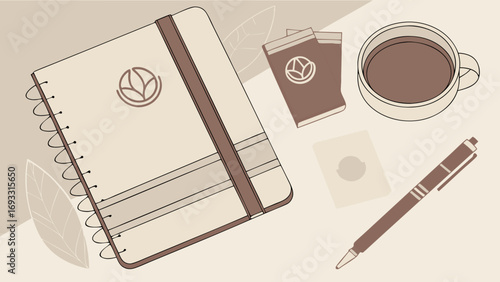 Spiral Notebook Coffee Cup Pen and Tea Bags Flat Lay Design for Blog Social Media or Branding.
