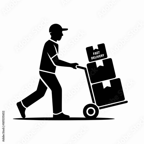 Delivery Worker Icon – Courier with Hand Truck and Boxes Silhouette Vector