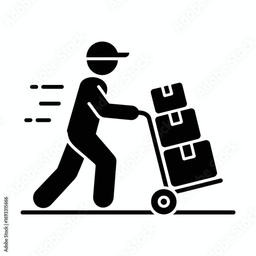 Delivery Worker Icon – Courier with Hand Truck and Boxes Silhouette Vector