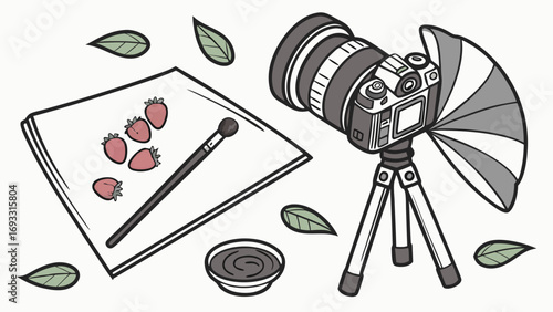 Still life photography setup with camera tripod and accessories.