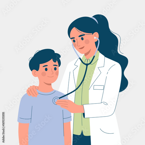 A caring female doctor checks a young boy's heartbeat with a stethoscope, highlighting a compassionate healthcare moment emphasizing child wellness and medical attention.